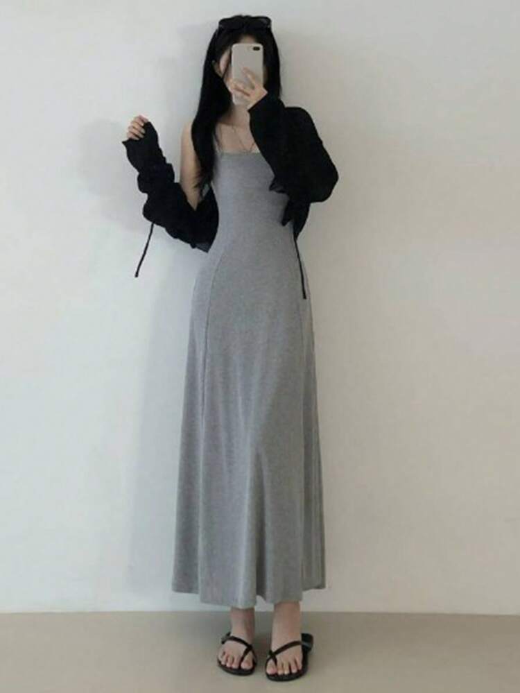 Solid Color Gathered Waist Cami Dress Summer Sundress,Casual Women Dresses Maxi Dress