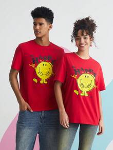 Mr Men Little Miss X SHEIN Unisex 1pc Cartoon Graphic Tee - Red - View 3