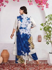 Mulvari Plus Size Women's Floral Printed Short Sleeve Top And Pants Set With Single-Breasted Closure - Multicolor - View 2