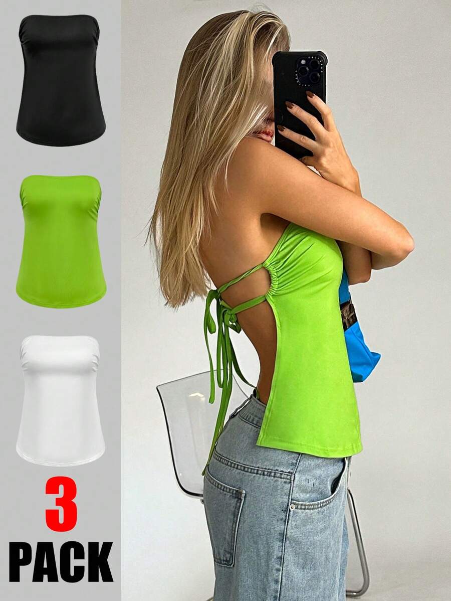 SHEIN EZwear 女款實色褶皺無肩帶上衣,側邊荷包繩細節 - 彩色 - 查看 1