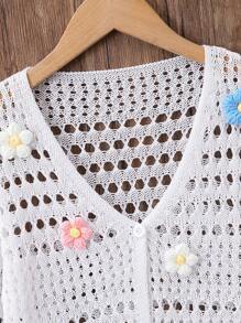 SHEIN Vintaside Kids Maglione A Maglia Per Ragazza Con Camicia A Fiori 3d, Decorato A Maglia Traforato - Bianco - Visualizzare 4