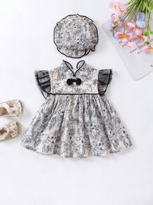 女寶寶復古扣扣旗袍風帶帽連身裙 - 彩色 - 查看 1