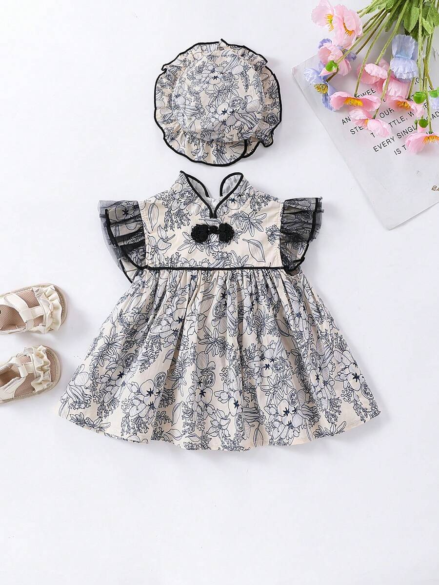 女寶寶復古扣扣旗袍風帶帽連身裙 - 彩色 - 查看 1