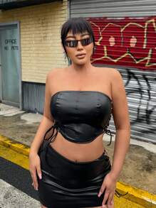 SHEIN SXY 性感吊带镂空 PU 抹胸上衣和裙子两件套适合音乐会和音乐节，夏季 - 黑色 - 查看 8