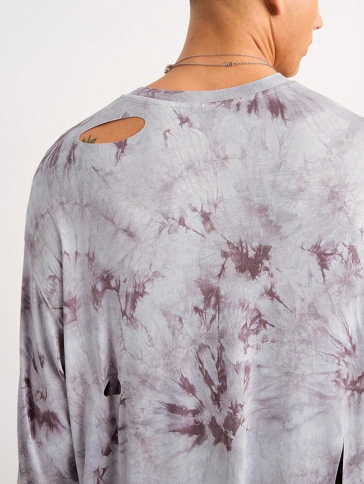 Men's Gray Tie Dye Loose Distressed Casual T-Shirt
