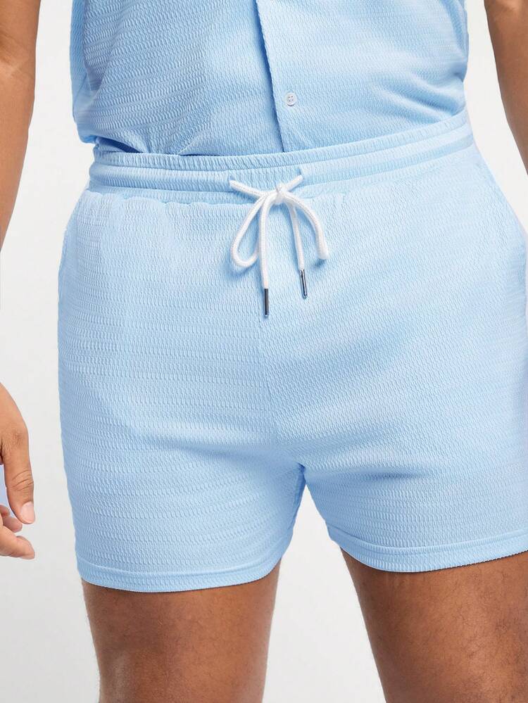 Men's Spring And Summer Casual Vacation Fit Sky Blue Knitted Jacquard Shirt And Shorts Two-Piece Set