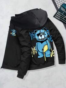 男士长袖春秋季锐舞夹克，印有酷炫表情，休闲运动跑步款 - 黑色 - 查看 1