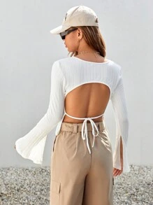 SHEIN Essnce Solid Tie Backless Split Bell Sleeve Tee - White - View 1