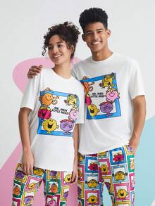 Mr Men Little Miss X SHEIN Unisex 1pc Cartoon And Letter Graphic Tee - White - View 3
