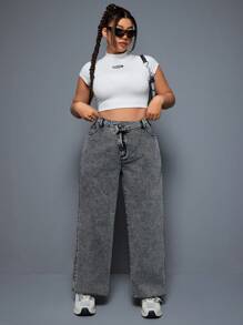 SHEIN ICON Plus Size Women's Asymmetric Waist Washed Straight Leg Boyfriend Jeans - Grey - View 4