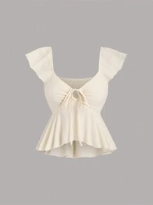 Sweetra 纯色抽绳下摆荷叶边装饰衬衫，搭配心形领口 Y2K 服装