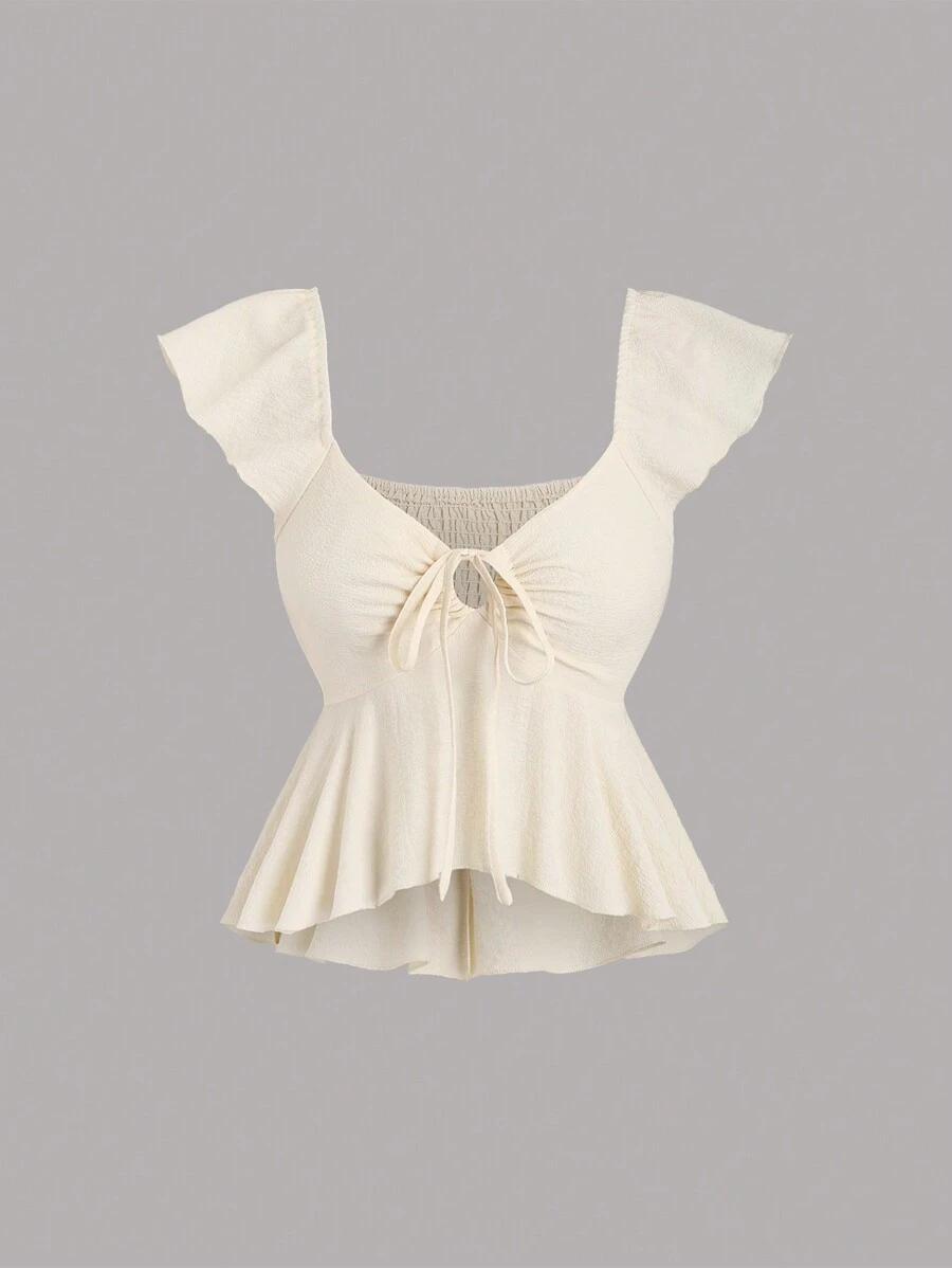 Sweetra 纯色抽绳下摆荷叶边装饰衬衫，搭配心形领口 Y2K 服装