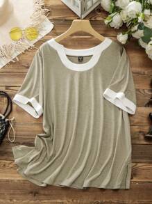 EMERY ROSE Plus Size Women's Short Sleeve Contrast Color T-Shirt