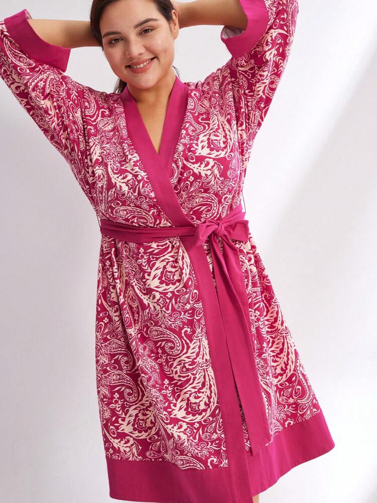 Bata de mujer talla grande de algodón con estampado de paisley rojo para atar, camisón, bata de baño de mujer, lencería, pijama de otoño