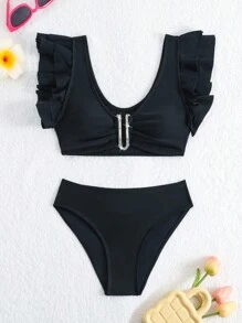 Solid Color Bikini Set For Tween Girl Summer Beach - Black - View 5