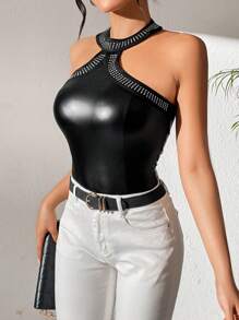 SHEIN PETITE Slim Fit Rhinestone Embellished Halter Bodysuit - Black - View 5