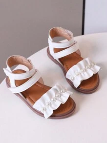1pair Girls' Pearl Decorated Pu High-Top Flat Sandals, Suitable For Summer