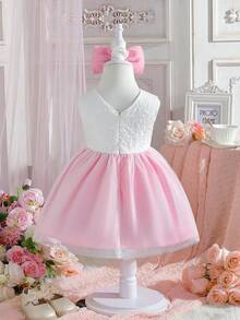 SHEIN Glamorique Kids Baby Girl's Elegant Mesh Dress With Bow Decor And Contrasting Jacquard - White - View 2