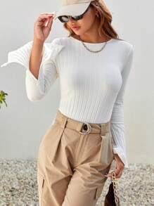 SHEIN Essnce Solid Tie Backless Split Bell Sleeve Tee - White - View 6