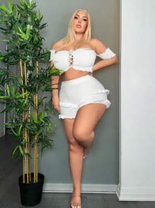SHEIN SXY WHITE  Off The Shoulder  SHIRRED BARDOT CROP TOP - White - View 6
