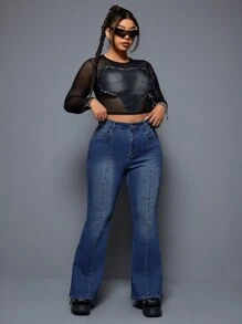 SHEIN ICON Jeans Acampanados De Talla Grande Y Ajustados Con Detalle De Cuentas - Azul - Ver 6