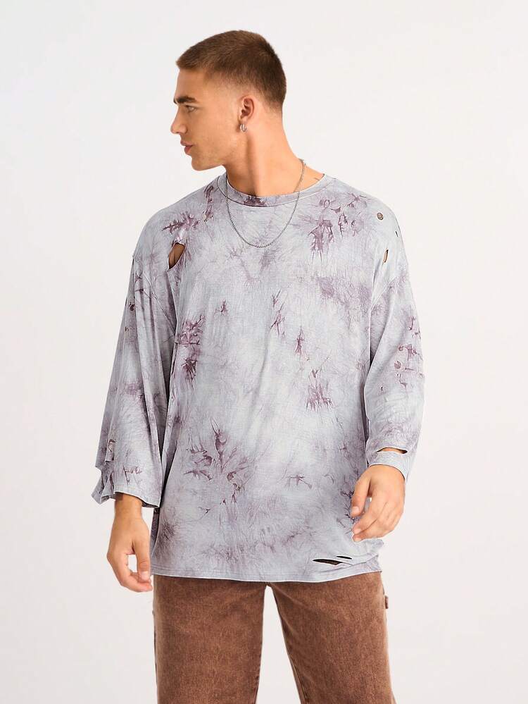 Men's Gray Tie Dye Loose Distressed Casual T-Shirt