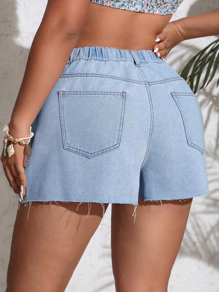 Plus Size Denim Shorts With Flap Detail And Frayed Hem, Casual