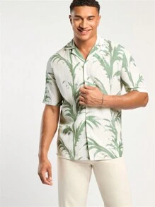 Forever 21 Men's Spring And Summer Casual Vacation Fit Apricot Plant Print Shirt And Khaki Pants Set - Beige - View 4