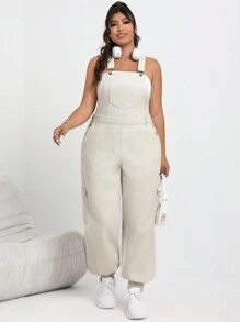 SHEIN EZwear Kích thước lớn Của phụ nữ Đã bỏ túi Quần yếm Denim - Màu Khaki - Xem 3