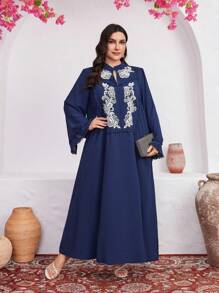 Al Najma Plus Size Embroidered Flare Sleeve Dress Kaftan Jalabiya Dress - Blue - View 4