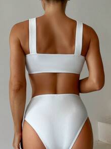 SHEIN Swim Solid Color Bikini Set, High Waisted Bikini Swimwear Bathing Suit Beach Outfit Summer Vacation - White - View 2