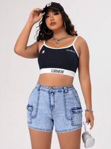 SHEIN ICON Kích thước lớn Của phụ nữ Quần short Denim Với Tiện ích Túi - Rửa nhẹ - Xem 5