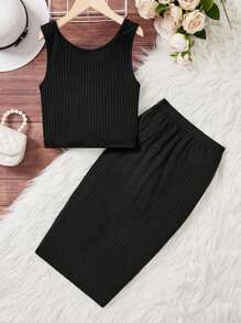 Bộ 2 món áo và chân váy đen kiểu dáng thường ngày cơ bản dành cho thiếu nữ. - màu đen - Xem 2