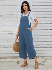 EMERY ROSE 女士休閒風寬腿連身褲,可拆卸肩帶和口袋 - 藍色 - 查看 6