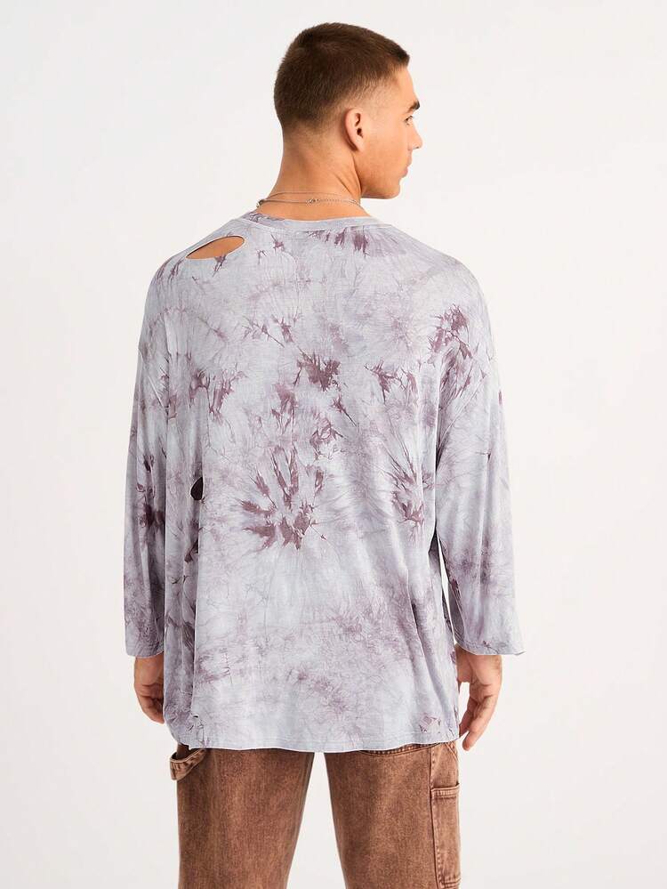 Men's Gray Tie Dye Loose Distressed Casual T-Shirt