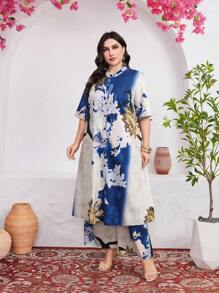 Mulvari Plus Size Women's Floral Printed Short Sleeve Top And Pants Set With Single-Breasted Closure - Multicolor - View 7