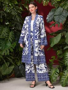 Mulvari 女用植物印花開襟夾克和褲子兩件套 - 彩色 - 查看 7