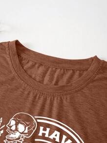 INAWLY Plus Size Women's Skull Printed Round Neck Short Sleeve Summer T-Shirt With Slogan, HAVE The Day YOU DESERVE