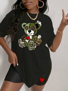 SHEIN Slayr 女式熊印花上衣和心形印花短褲套裝