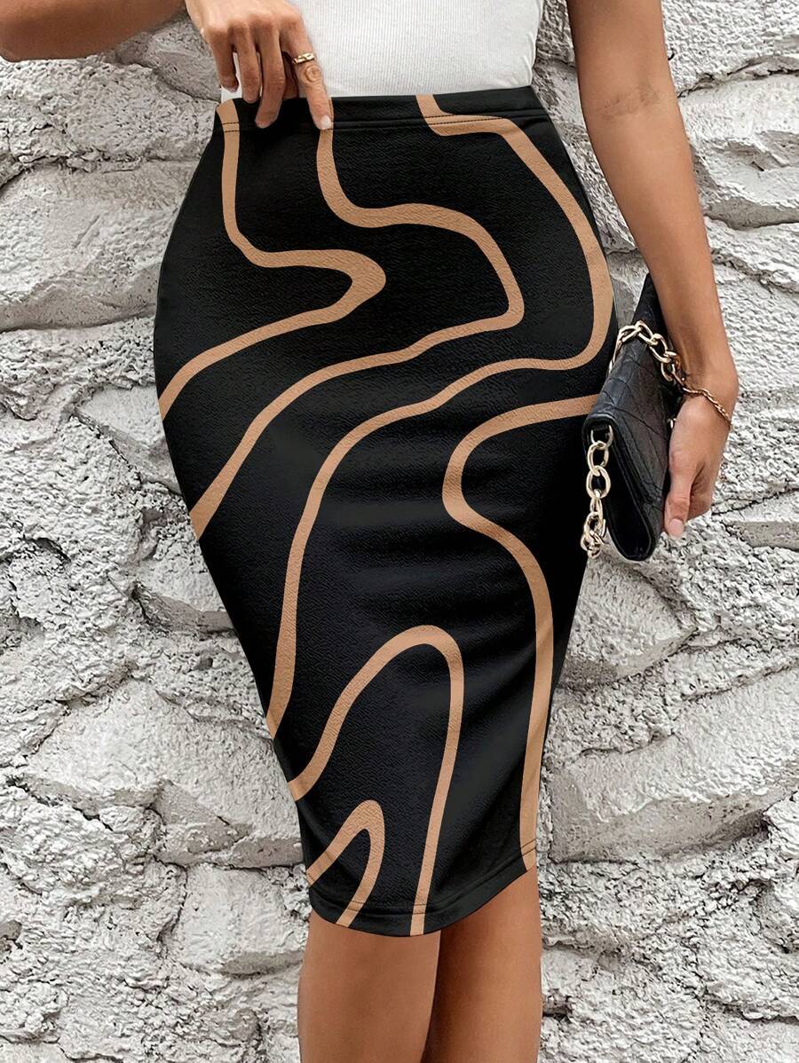 SHEIN Clasi Women's Summer Color Block Printed Elastic Waist Slim Fit Midi Pencil Skirt