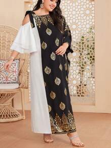 Al Najma Plus Size Women's Gold Foil Flower Asymmetric Collar Dress - Multicolor - View 1