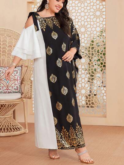 Al Najma Plus Size Women's Gold Foil Flower Asymmetric Collar Dress