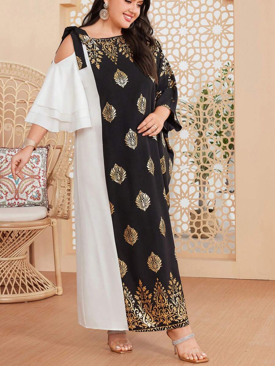 Al Najma Plus Size Women's Gold Foil Flower Asymmetric Collar Dress - Multicolor - View 1