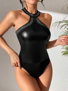SHEIN PETITE Slim Fit Rhinestone Embellished Halter Bodysuit - Black - View 3