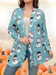 Calvaya Plus Christmas Christmas Snowman Print Frill Trim Coat