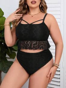 SHEIN Swim Curve 大碼蕾絲拼接空心比基尼套裝,沙灘裝泳裝音樂節夏季 - 黑色 - 查看 4