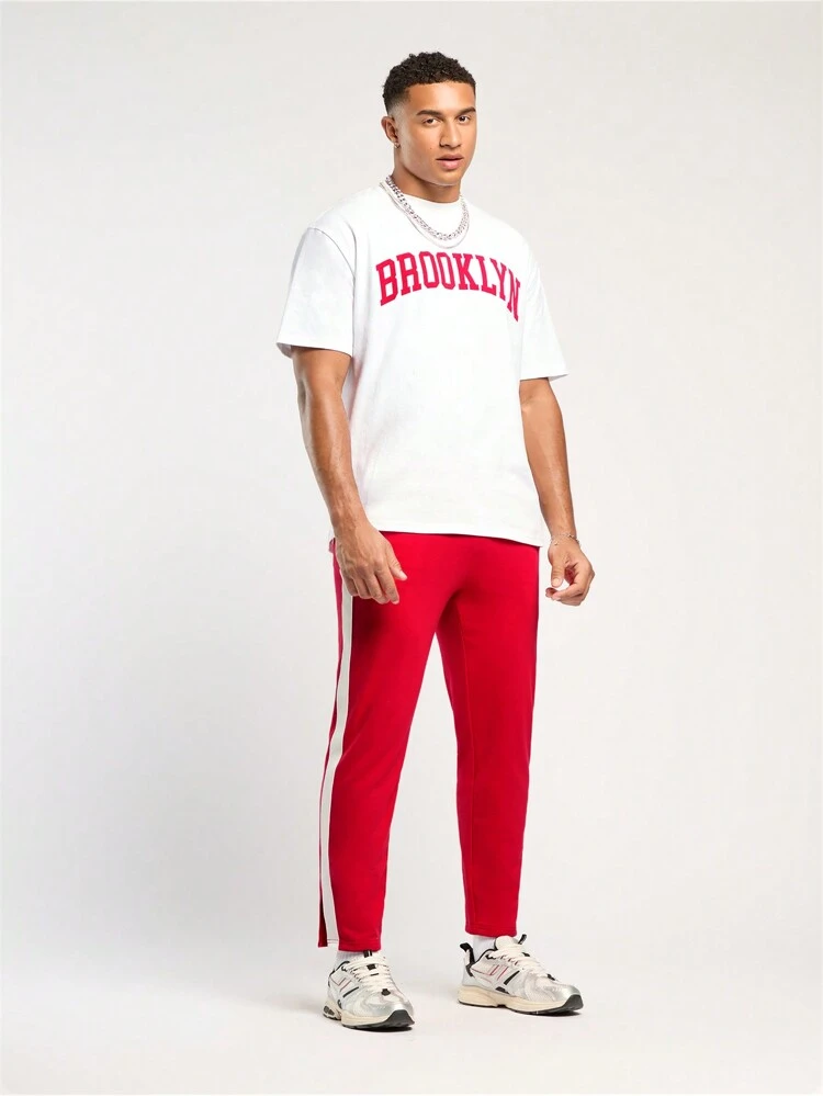 Men's Letter Print T-Shirt & Sweatpants Red Tracksuit Two-Piece Set