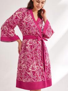 LUVLETTE Autumn And Winter Red Paisley Print Cotton Kimono Women Robe To Tie Pajamas Bath Robe Night Gown Women Lingerie Fall Pajamas& Pyjamadressing