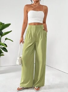 SHEIN Essnce Ladies' Straight-Cut Green Suit Trousers - Green - View 4