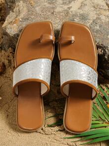 Của phụ nữ Đúng mốt bờ biển Kỳ nghỉ Vòng ngón chân Dép phẳng Với Vá lại Thiết kế - Bạc - Xem 7